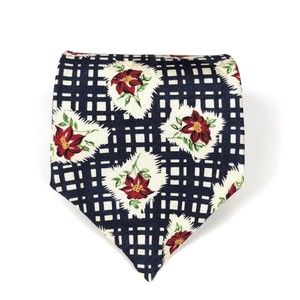 GAP Men's 100% Silk Beige Dark Blue Red Floral Flower Plaid Short Necktie